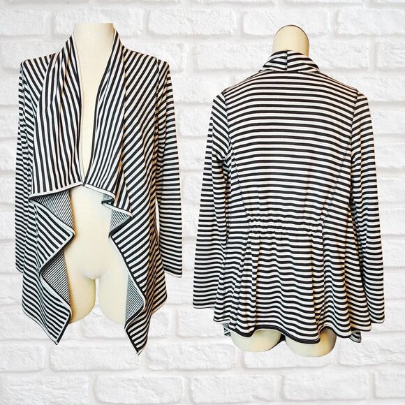 Buttons Sweaters - Womens Size S Black/White Striped Waterfall Open Front Cardigan Boho Casual Fun